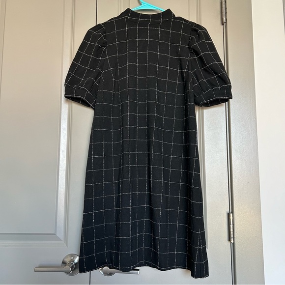 Loft Windowpane Puff Sleeve Shift Dress Small Black & White Mini mock-collar - Picture 4 of 6